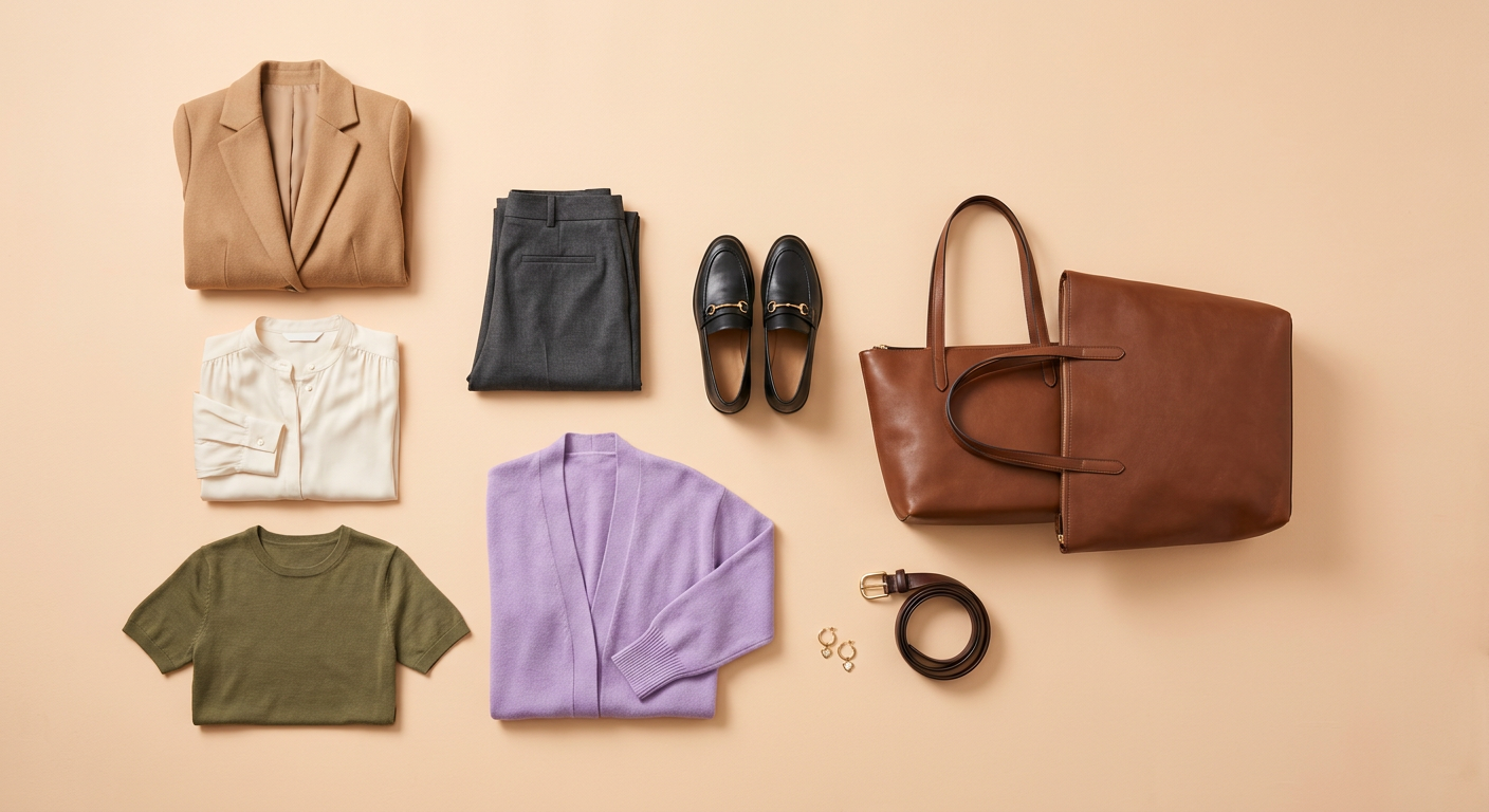 Work-ready pieces laid flat: a camel blazer, cream blouse, olive knit, charcoal trousers, lavender cardigan, black loafers, a leather tote, a belt and small earrings.