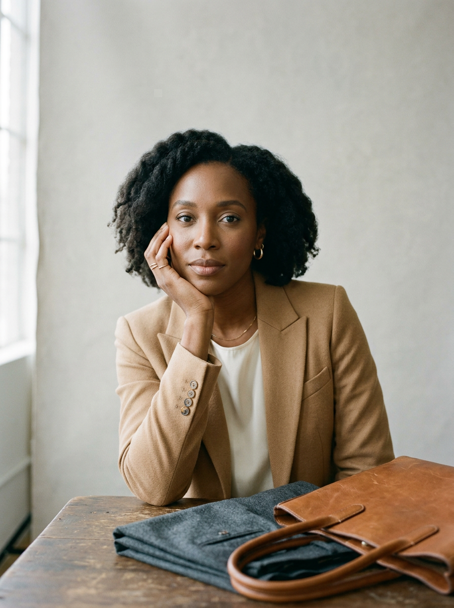 A woman in a camel blazer rests her head on her hand, a folded pair of trousers and a leather tote on the table in front of her.